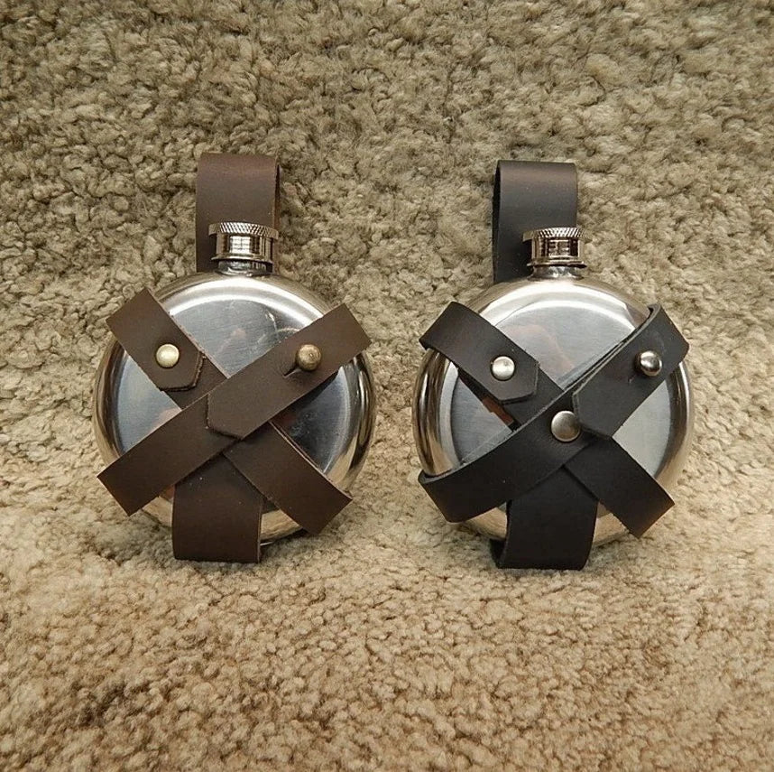 Custom Name Liquor Flask 5oz Stainless Steel Metal Round Hip Flask with PU Leather Belt Strap Holder for Father Gift