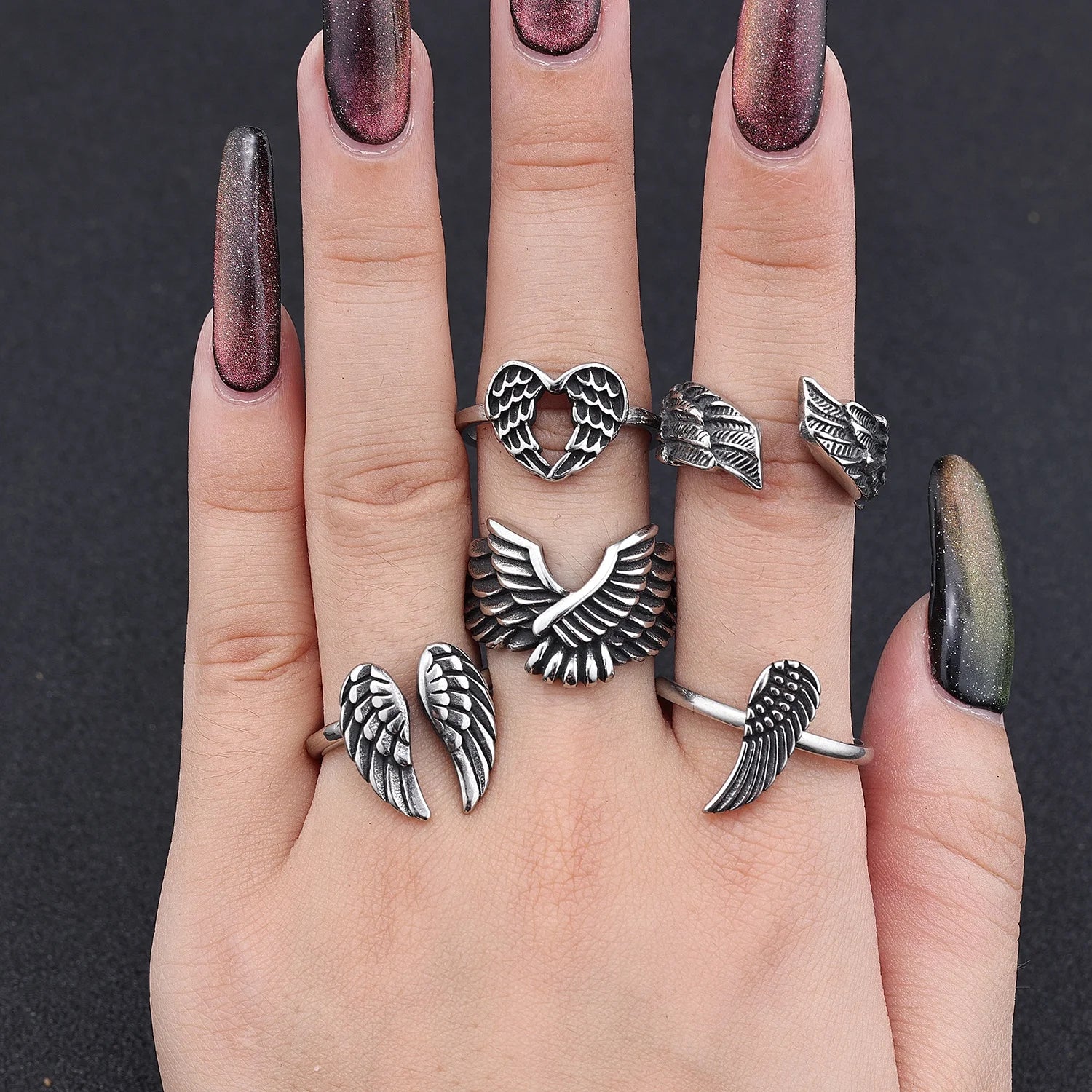 Hiphop Open Adjustable Guarding Angel Wing Heart Finger Ring Fashion Exquisite Jewelry for Women