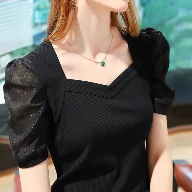 Summer French Style Women Elegant Knit T-shirt Lantern Short Sleeve Solid Color square Collar Ladytops Knitwear Casual T-shirt