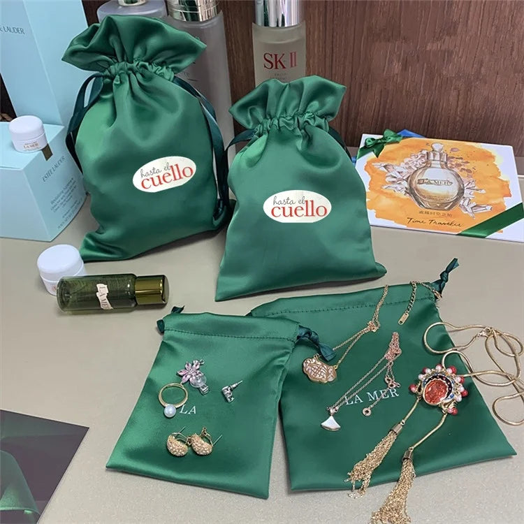 Custom Luxury Thick Soft Satin Bags Small Jewelry Pouches Ribbon Printed Luxury Silk Brocade Dust Removal Jewelry Packaging