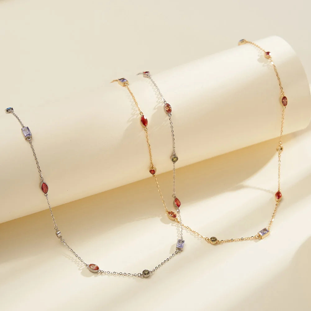Luxury Bridal Zircon Jewelry 925 Sterling Silver Square Round Zircon Gold Plated Colorful Gemstone Charms Necklace for Women
