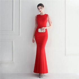 31106# Spot Hand-beaded Bridesmaid Guests Wedding Celebration Long Fishtail Dresses