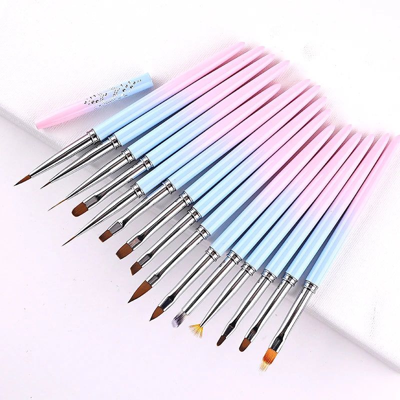 15 Pcs French Manicure Nail Art Pen Set Kolinsky Brush Nails Cleaning Brush Metal Handle Finger Gap Tool Crystal Mink Brush