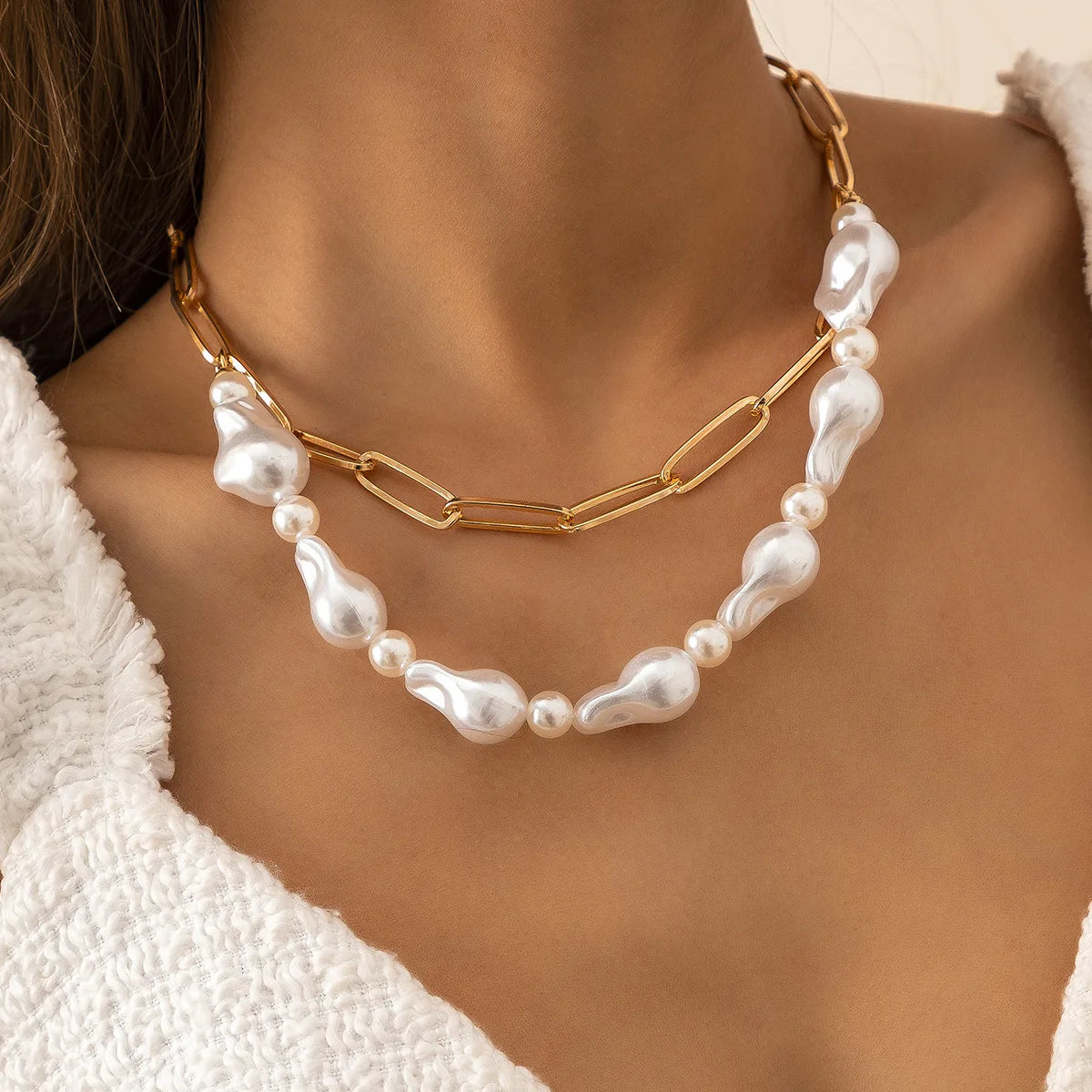2pcs/Set  Temperament Multi Layer Link Chain Necklace Collar Jewelry  Factory Price Baroque Pearl Necklace