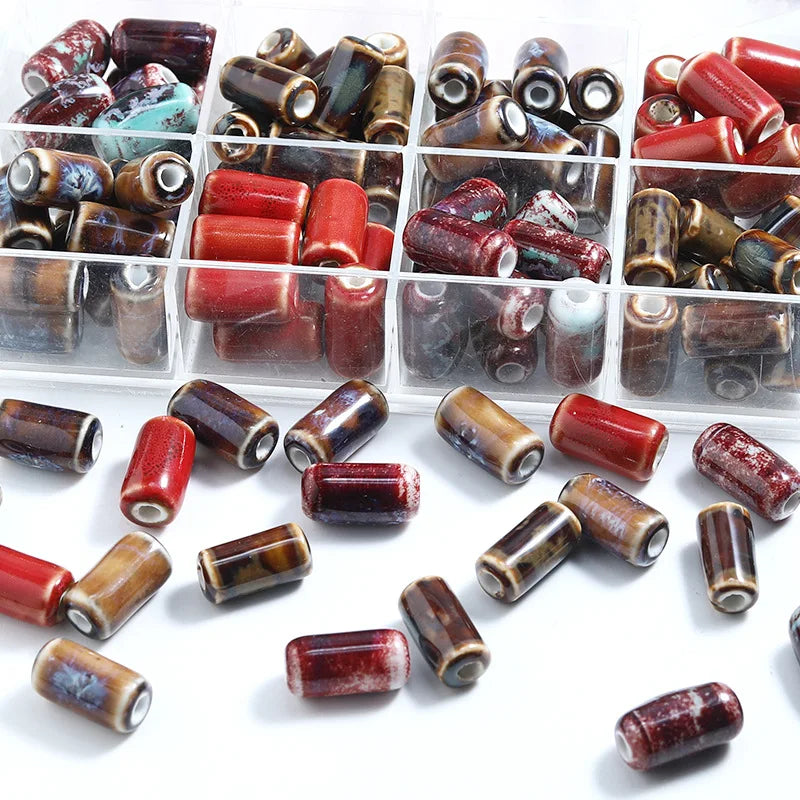 Retro 16*9.5mm Ceramic Charms Beads Handmade Graffiti Geometric Straight Tube Loose Beads for DIYJewelry Making Accessories