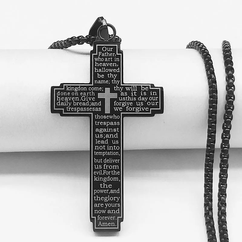 Men's Unisex Stainless Steel Cross Chain Bible Necklace Zircon Religious Prayer Jewelry Big Pendant Necklace Christian Corrente