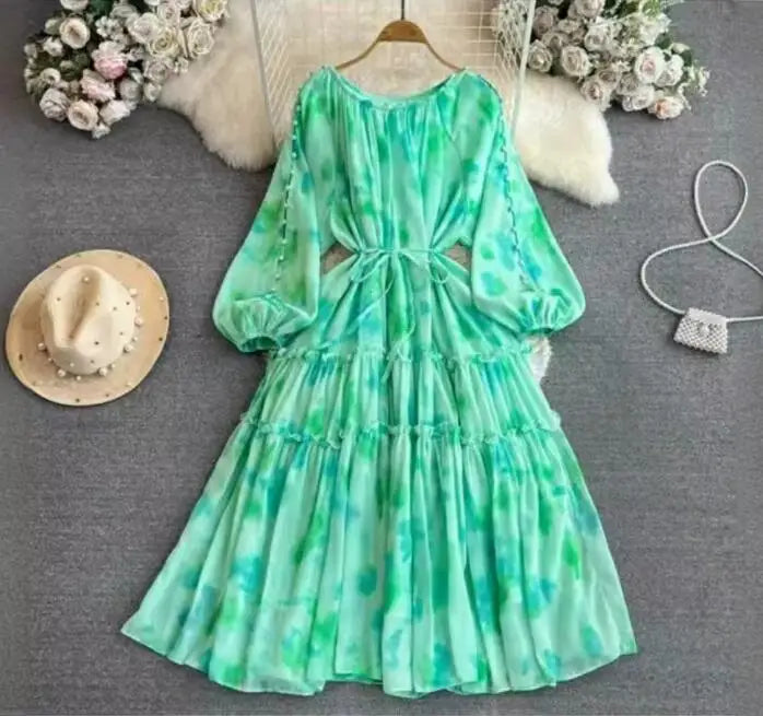 Spring and Autumn Gentle Celebrity Temperament Long-sleeved Low O Neck Waist Thin  Swing Print Dresses