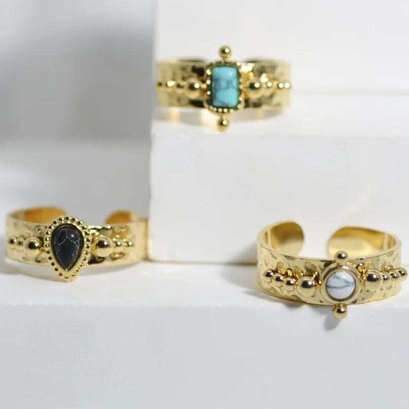 Nabest Tarnish Free Stainless Steel Vintage Gemstone Ring Jewelry Women 18K Gold Plated French Open Rings