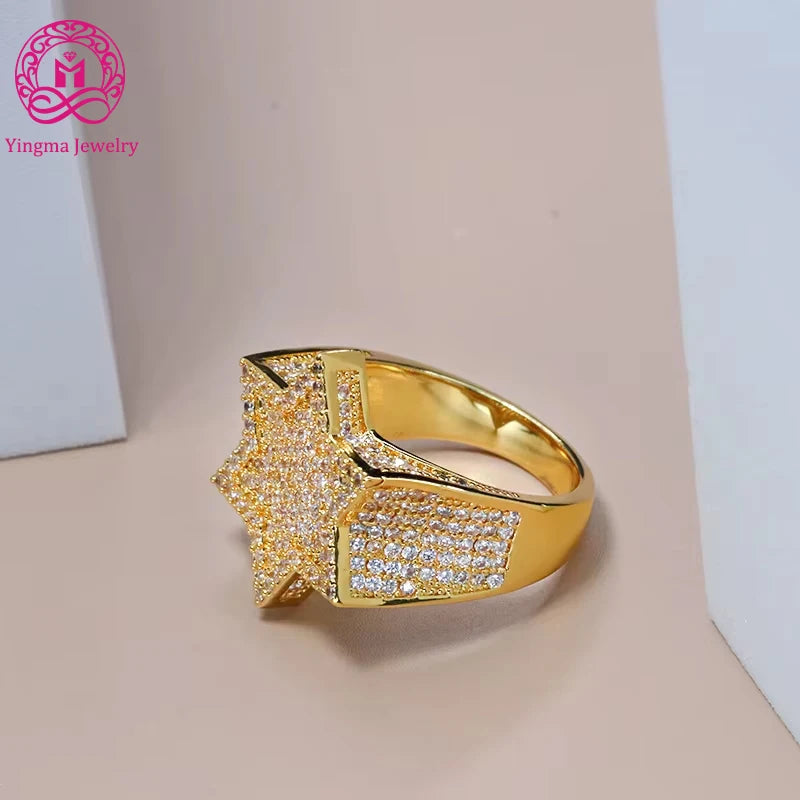 Custom Made Jewellery High End Luxury 14K Real Yellow Gold  Iced Out Moissanite Hip Hop Star Ring for Men Wedding Engagement