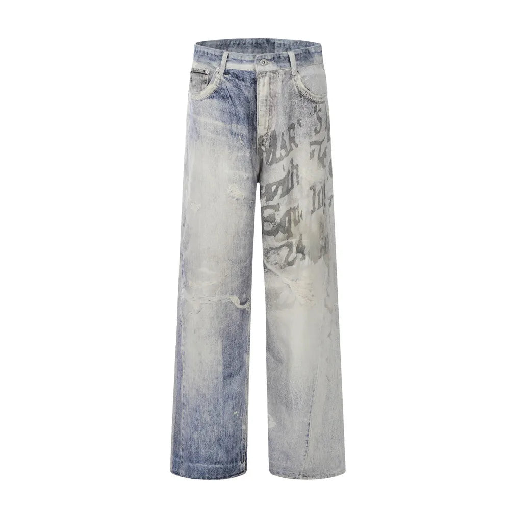 Fashion Brand Men Light Blue 3D Print Gradual Change Logo Custom Jeans Men Wash Wide Leg Fitting Loose Jeans Men Straight Jeans
