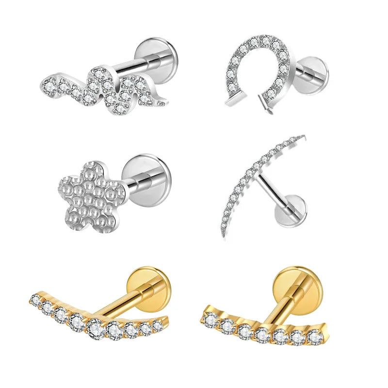 ASTM F136 G23 Titanium Flat Back Stud Moon Flower Horseshoe Snake Labret Helix Conch Piercing Jewelry