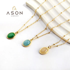 Ason Jewelry Manufacturer Fashion Women 18k Gold Plating Chain Opal Charm Necklace Stainless Steel Chain Design Pendant Necklace