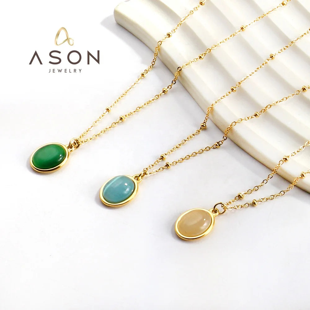 Ason Jewelry Manufacturer Fashion Women 18k Gold Plating Chain Opal Charm Necklace Stainless Steel Chain Design Pendant Necklace
