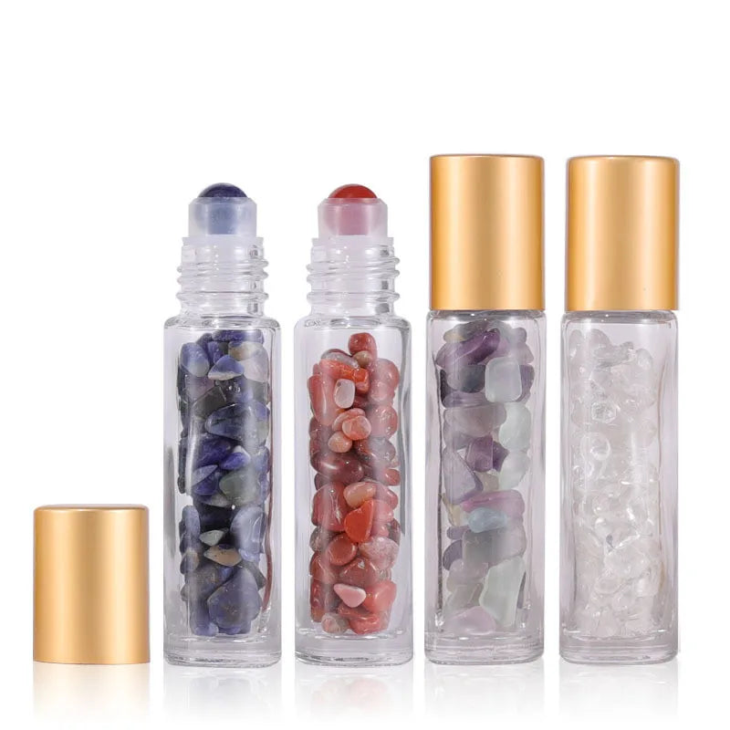 Roller Bottles 10 ml Clear Gemstone Roller Ball Glass Essential Oil Roll on Bottle With Crystal Chips Inside/matte Gold Cap