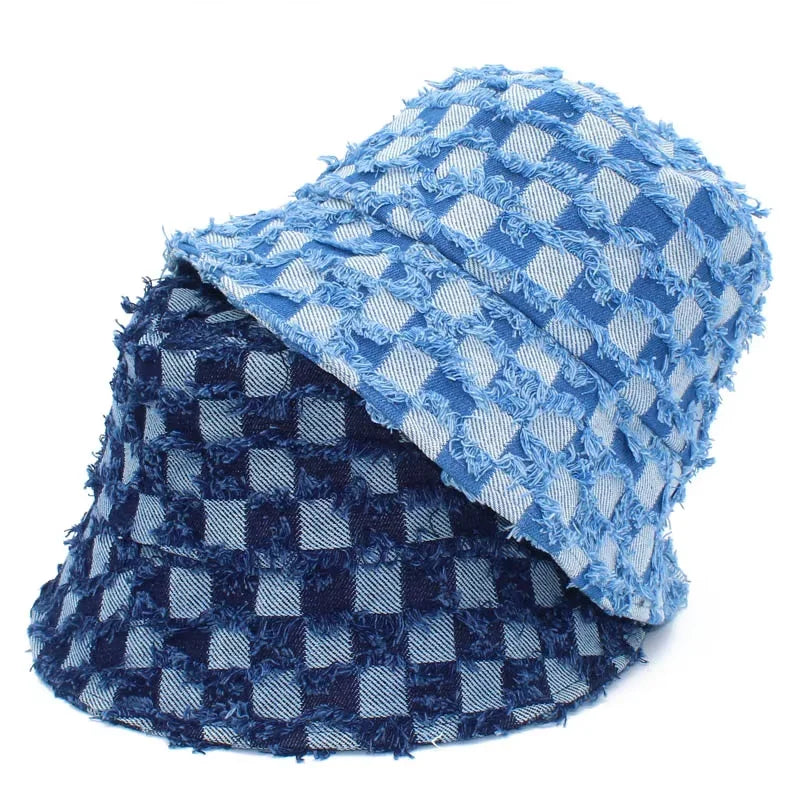 Fashion Casual Denim Tassel Checkerboard Fisherman Hat Women Street Style Hip Hop Cowboy Bucket Hat