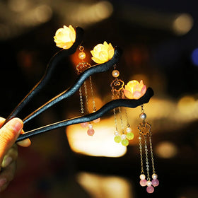 Vintage Handmade Wood Hairpin Shaking Hair Sticks Luminous Lotus Tassel Hairpin Chinese Wood Step Shaking Hairpin Chopstick S