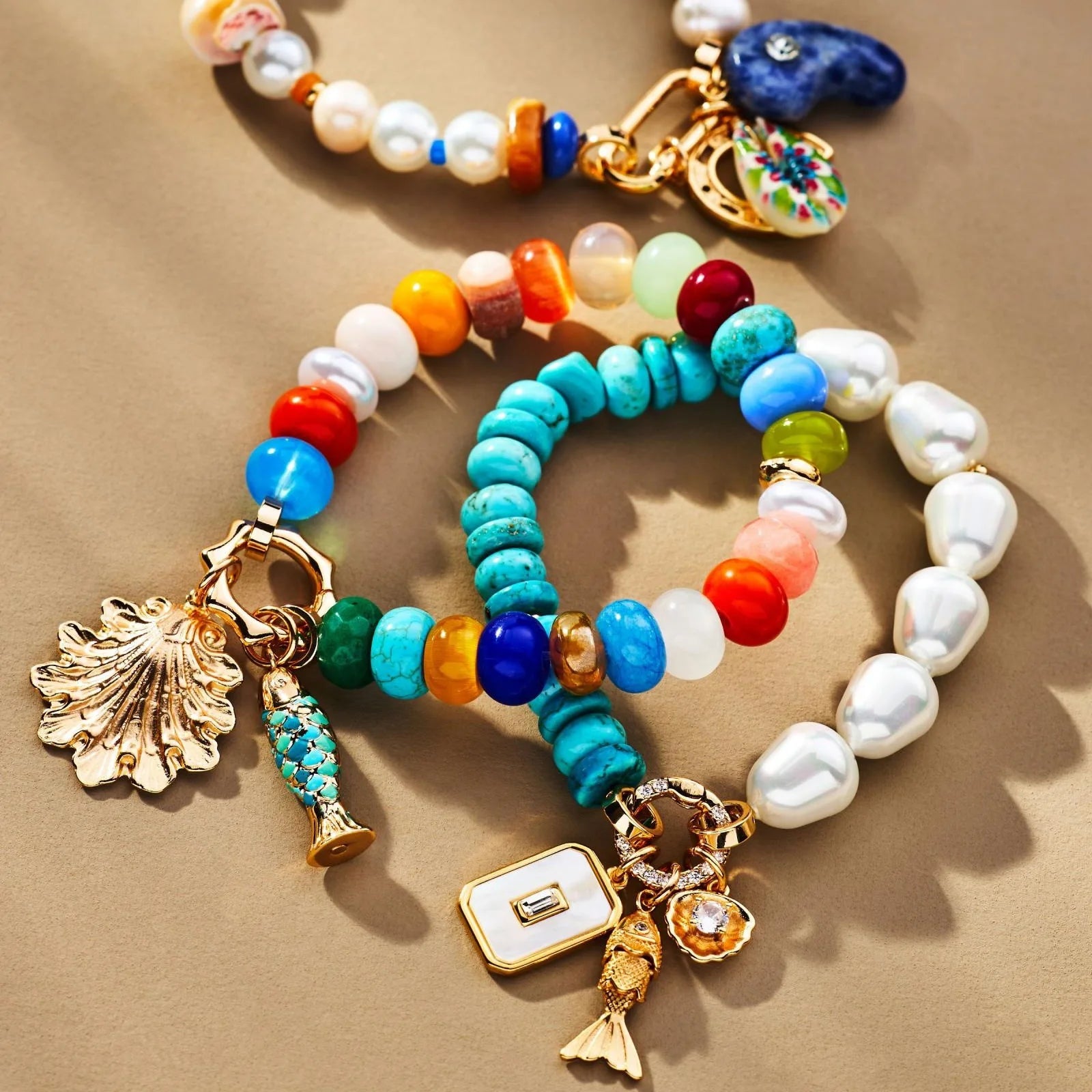 Cross-Border New Summer Collection Gold Plated Brass Bracelet Cute Heart Fresh Small Fish Shell Orange Beads for Girls