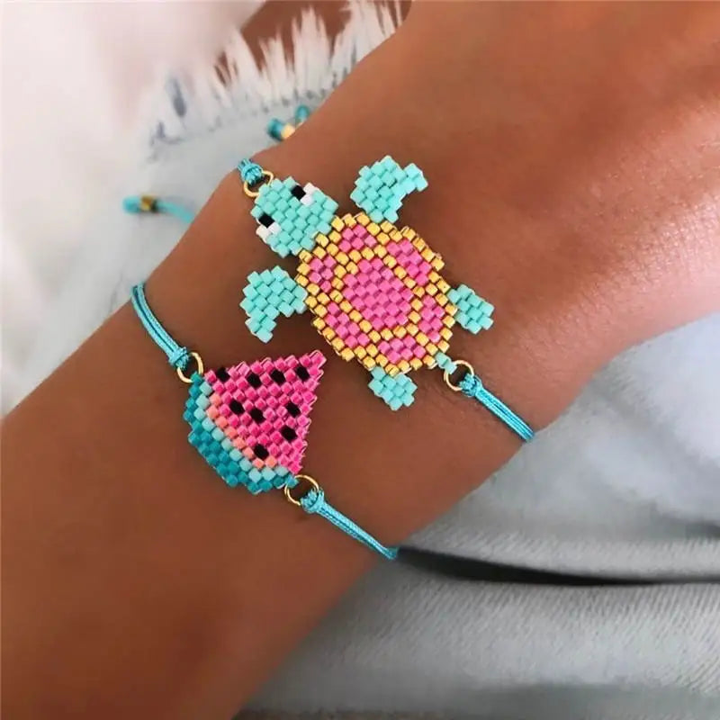 Go2boho Bohemian Miyuki Beads Bracelet Beach Child Kids Tortoise Watermelon Charm Drawstring Fashion Jewelry Bracelets for Women
