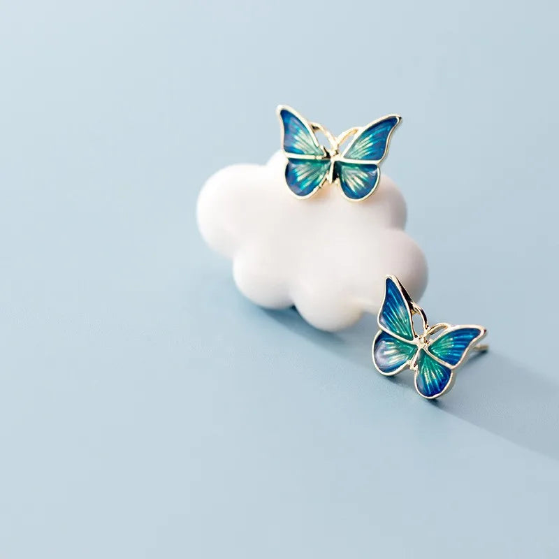 S925 Sterling Silver Statement Earrings Fresh Blue Wing Butterfly Stud Earring Simple Fashion Earrings Women