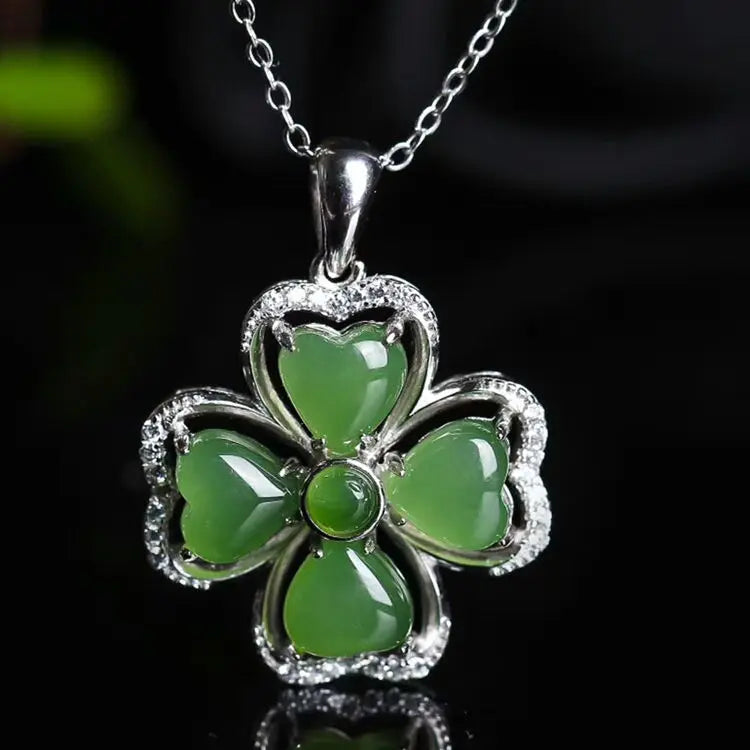 Wholesale Fashion Flower 18k Gold Plated 925 Sterling Silver Jewelry Zircon Natural Gemstone Green jasper Charm Pendant Necklace