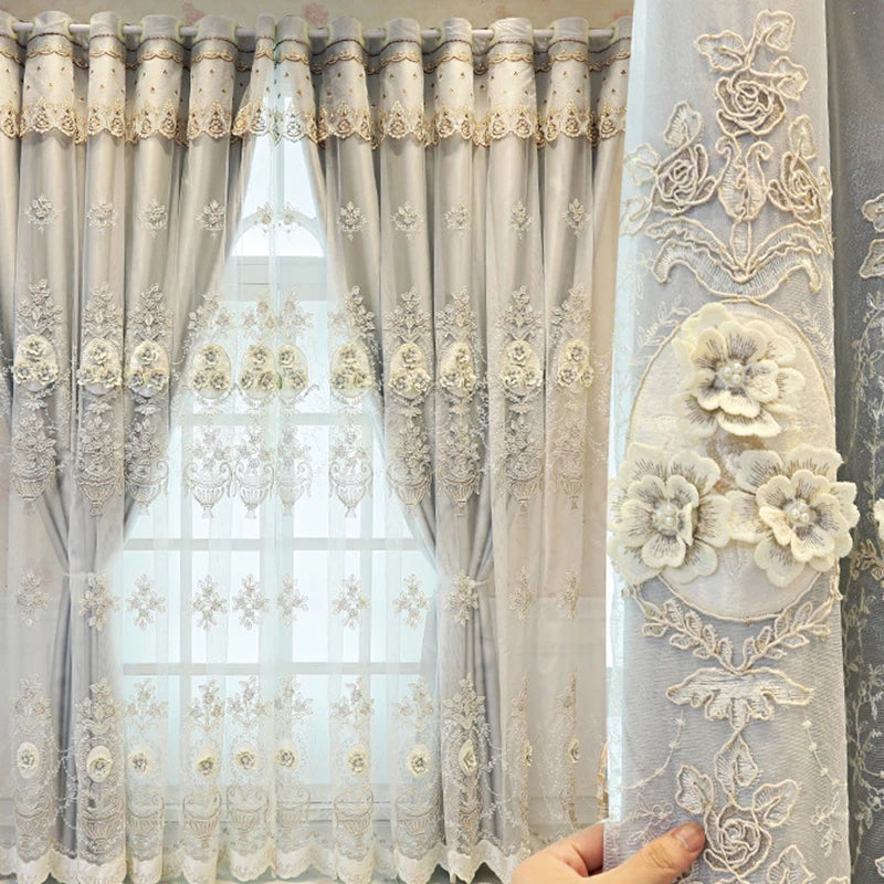 Elegant Double Layer Window Curtain European Luxury Lace 4D Embroidery Double Blackout Tulle Curtains for the Living Room
