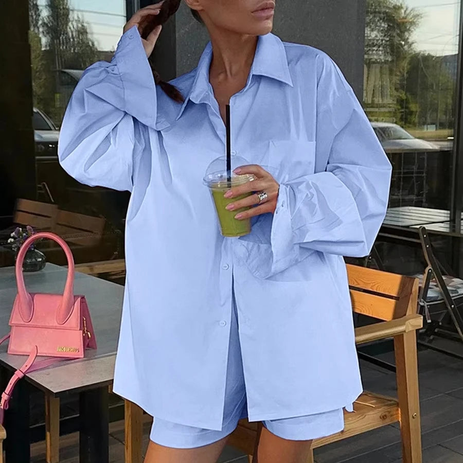 Enyami Women's Long Sleeve Female Lounge Wear Button Blouse 2 Piece Set Clothing Cotton Outfit Loose Fit Shirts