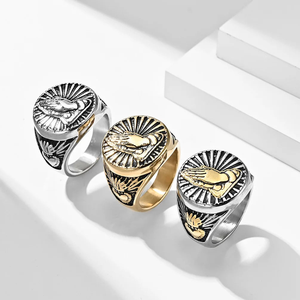 MECYLIFE Casting Jewelry Stainless Steel Men Ring Prayer Hands Fashion Men Ring Designs Hot Sale