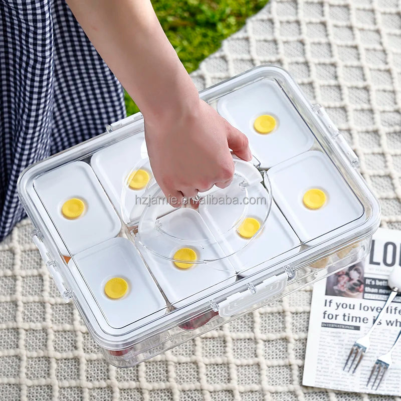 8 Compartment Plastic PET Storage Box with Handle Injection Technics Divided Serving Trays for Kitchen Food Use