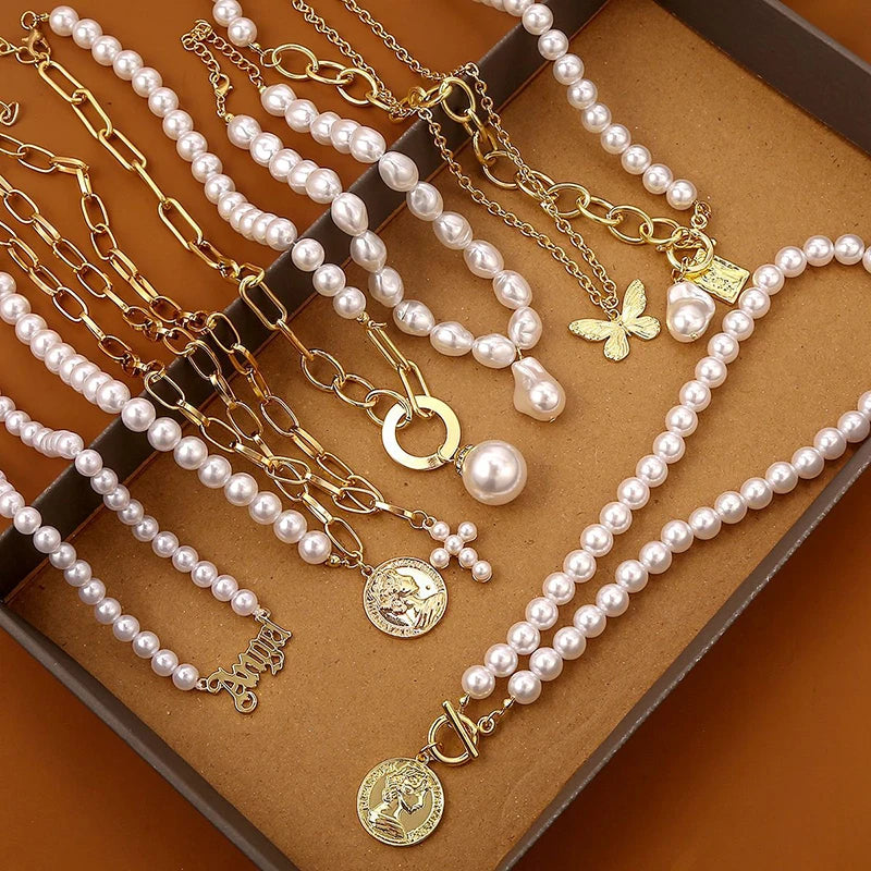 RisingMoon Multi Style Gold Plated Cross Pearl Butterfly Lock Portrait Pendant Necklace Pearl Chain Necklace