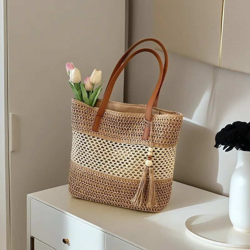 ALarge Capacity Woven Shoulder Bags for Women Tassel Pendant Commuter Ladies Beach Tote Bags Simple Hollow Design Female Handbag