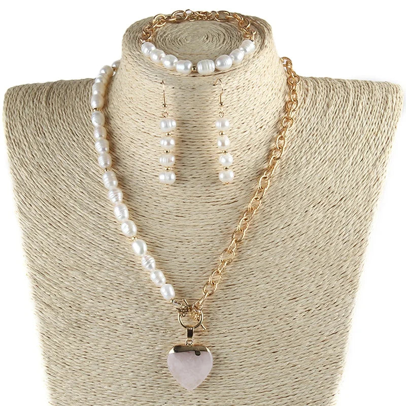 JH Wholesale Women Jewelry Alloy Chain Gemstone Heart pink Quartz Pendant Necklace Freshwater Pearl Necklace Bracelet Earring Se