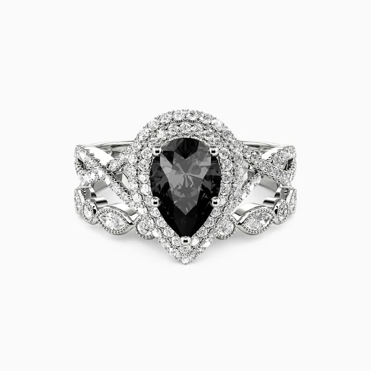 SGARIT Wholesale Jewelry 14K White Solid Gold 1CT Pear Cut Double Halo Black Moissanite Ring Set Diamond Wedding Bridal Set