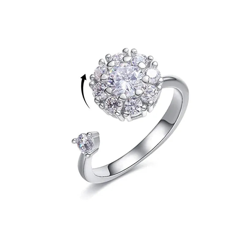 Zircon Rotating Ring Relieving Stress Sparkling Cubic Zirconia Spinner Copper Ring Open Adjustable for Valentine's Day Gift