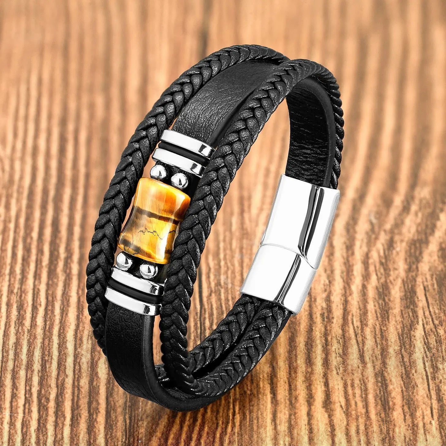 New Design High Quality Tiger Eye Stone Custom Logo Stainless Steel Magnet Clasp Vintage Genuine Leather Bracelet Men SL-248