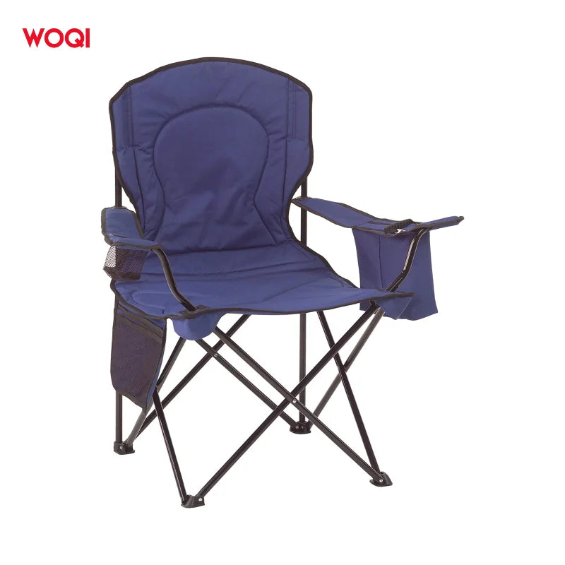 WOQI Customized Foldable Camping Chair Steel Frame Zipper Cooler Bag Cup Holder Side Pocket Lounge Chair for Outdoor Travelling