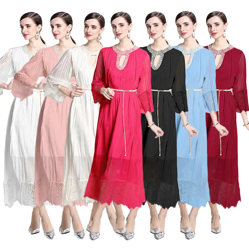 Spring New Lace Patchwork Pleated Long Skirt Plus Size Loose Nail Bead Dress