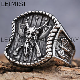 Nordic Warrior Viking Ring Stainless Steel Thor Hammer Double Axe Odin Norse Pagan Jewelry for Men Women