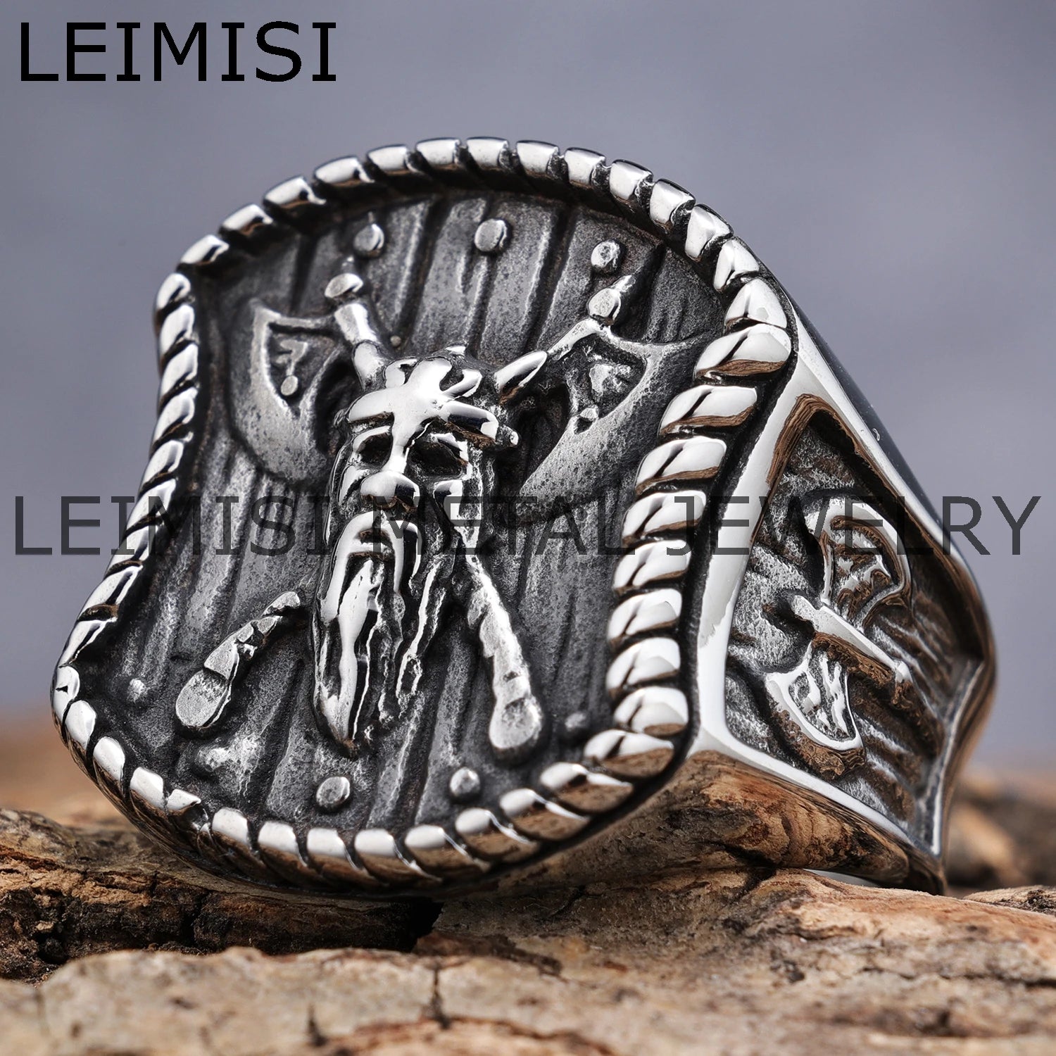 Nordic Warrior Viking Ring Stainless Steel Thor Hammer Double Axe Odin Norse Pagan Jewelry for Men Women