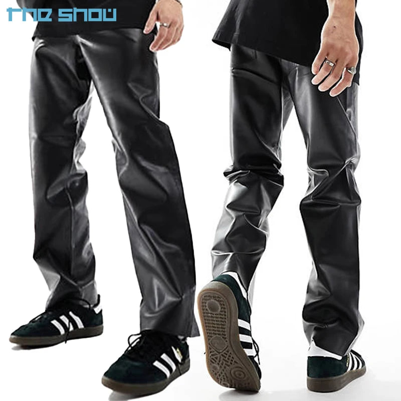 OEM Classical High Street Straight Leg Black Button Fly Fashion Leather Pants Men
