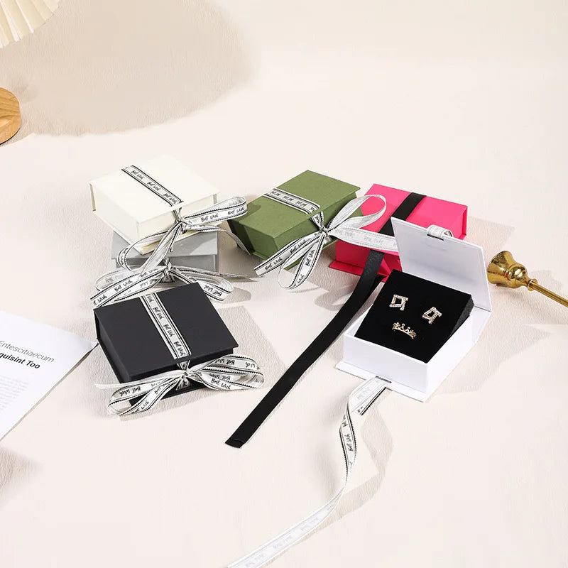 Custom Logo Magnetic Flip Cardboard Jewelry Paper Boxes With Ribbon Gift Jewelry Packaging Box