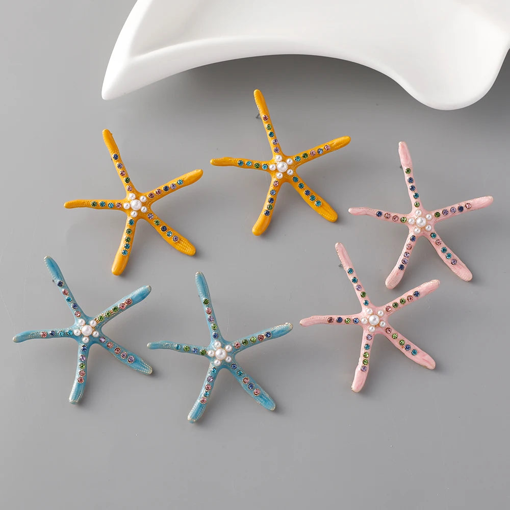 Gold Plated Freshwater Enamel Starfish Stud Earrings for Women Colorful Rhinestone with Pearl for Weddings