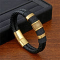 Good Quality Leather Wristband Custom Name Stainless Steel Bracelet Black Leather Twisted Braided Leather Bracelet for Men