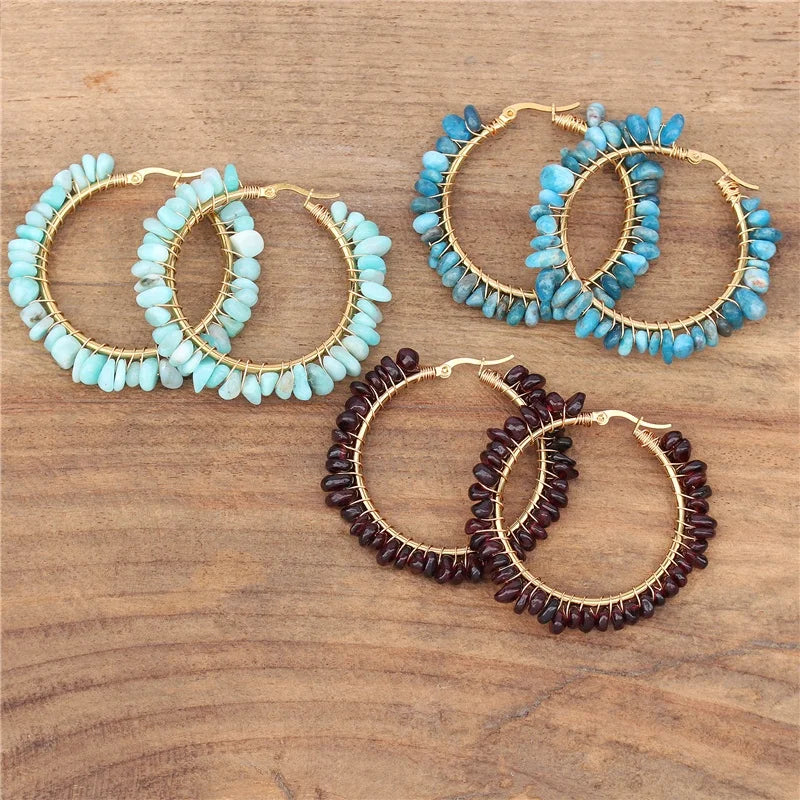 Bohemian Handmade Free Shape Natural Stone Chip Beads Hoop Earrings 18k Gold Wire Wrapped Fashion Women Girls Jewelry
