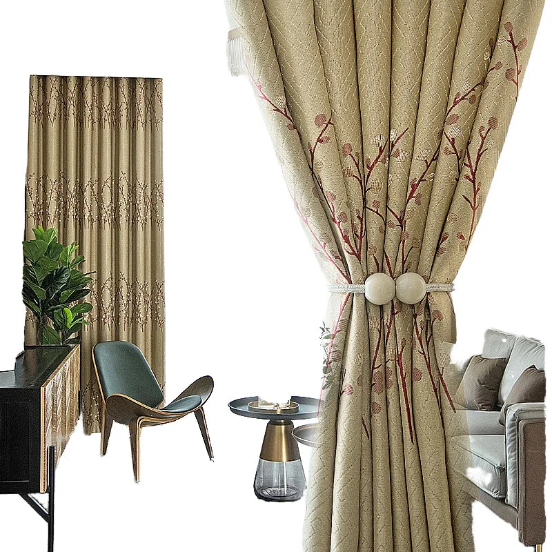 Chinese Elegant Style Blackout Curtains with Floral Embroidery Grommet Style for Living Room Home Use