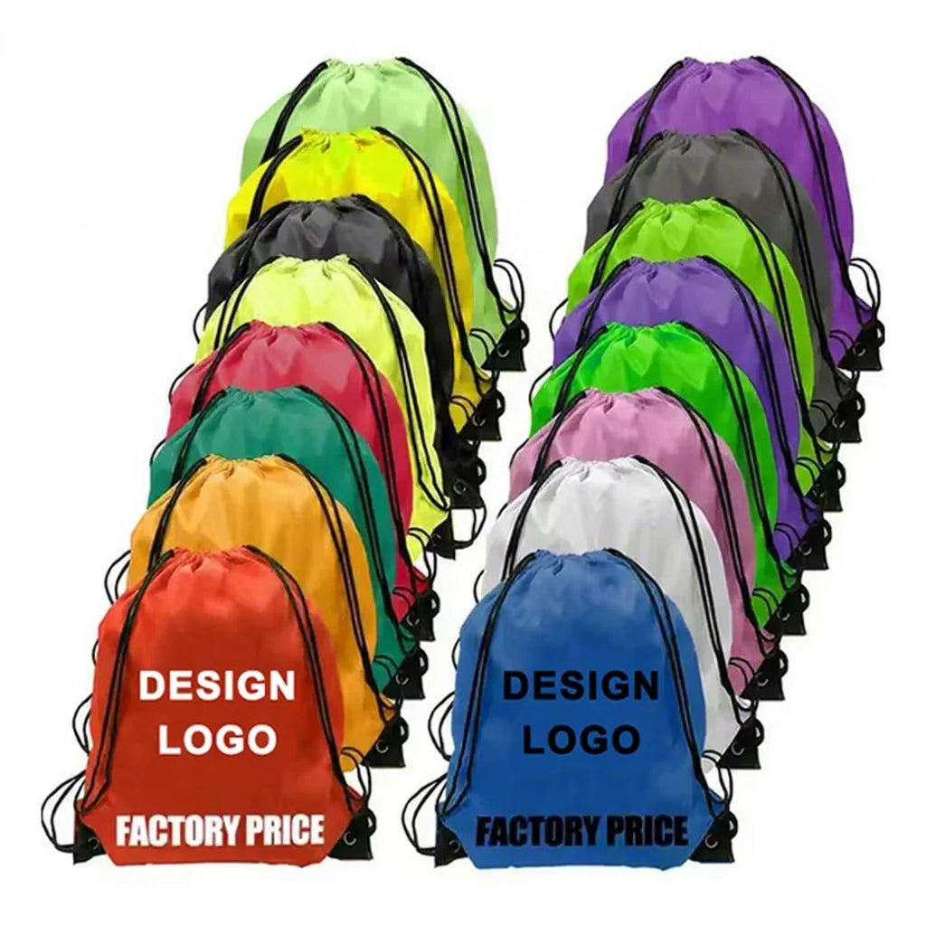 Super Quality 210D Drawstring Backpack with Zipper Pocket Custom Printed Logo Promotional Polyester Shopping Bags