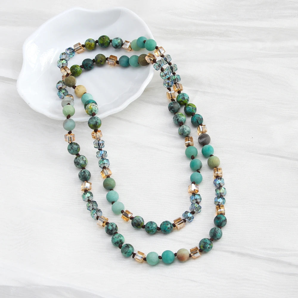 Fashion Bohemian Simple Style 8mm Natural Stone Glass Beaded Knotted Necklace for Women Jewelry Daily Wear