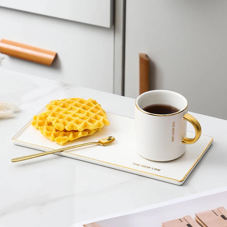 Wholesale Modern Custom Eco-Friendly Ceramic Porcelain Coffee Cup Rectangle Saucer Gold Rim Food Contact Safe Spoon for Business