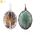 CSJA Vintage Wire Wrap Gemstone Tree of Life Pendant Natural Oval Cabochons Stone Reiki Pendant for Necklace Making F785