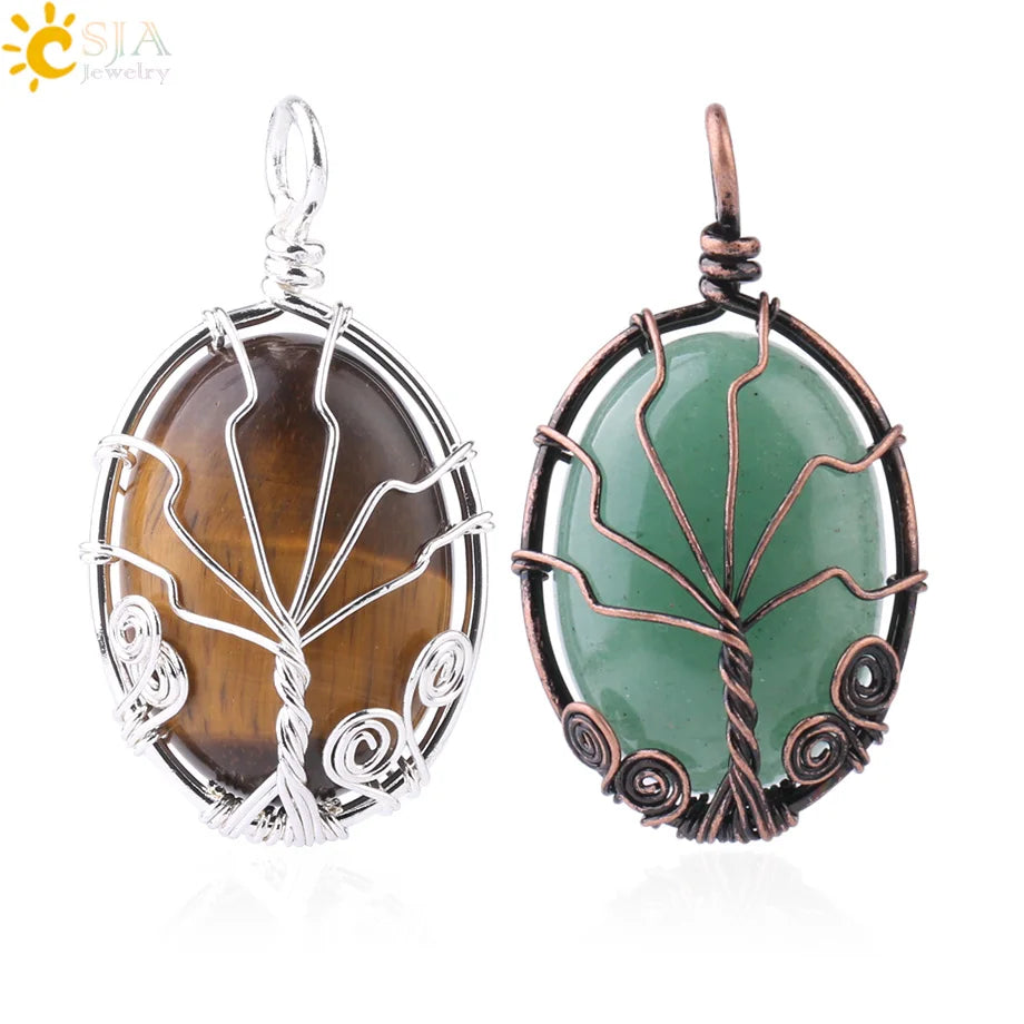 CSJA Vintage Wire Wrap Gemstone Tree of Life Pendant Natural Oval Cabochons Stone Reiki Pendant for Necklace Making F785