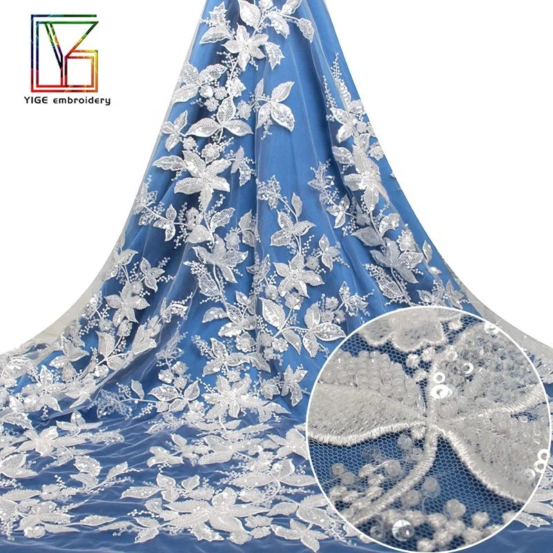 New French White 3d Beaded Embroidery Lace With Crystal Sequins Luxury Wedding Dress African Bridal Dress Lace Fabric